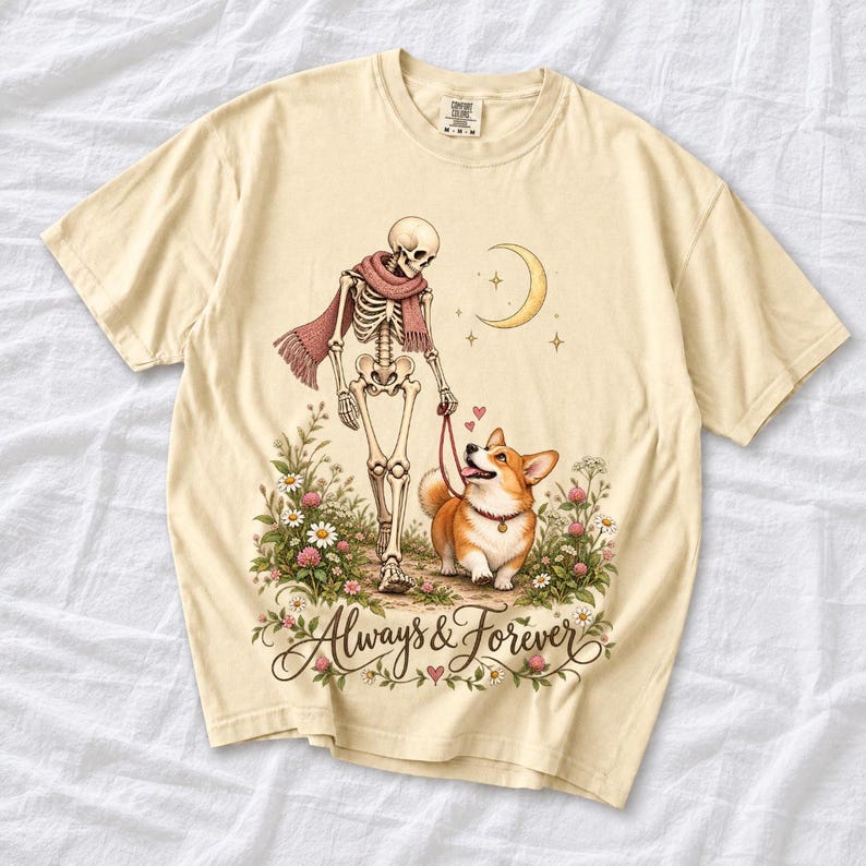 Скелет выгуливает корги «Always & Forever» (без Хэллоуина)
