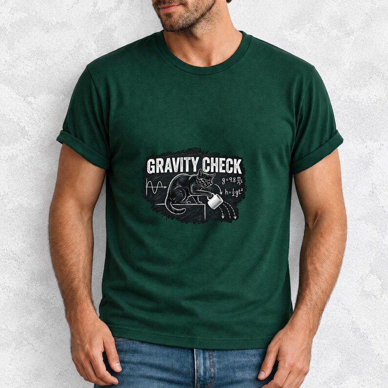 Gravity Check Black Cat Physics Comfort Colors Shirt product mockup, image 15
