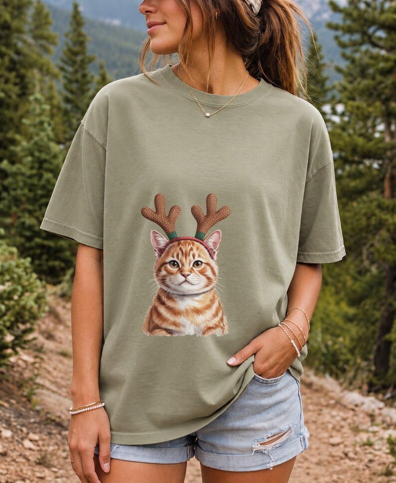 Comfort Colors Cat Reindeer Antlers Shirt, Orange Tabby Cat Christmas Tee, Grumpy Cat Reindeer T-shirt, Cat Mom Holiday Shirt, Cat Xmas Tee
