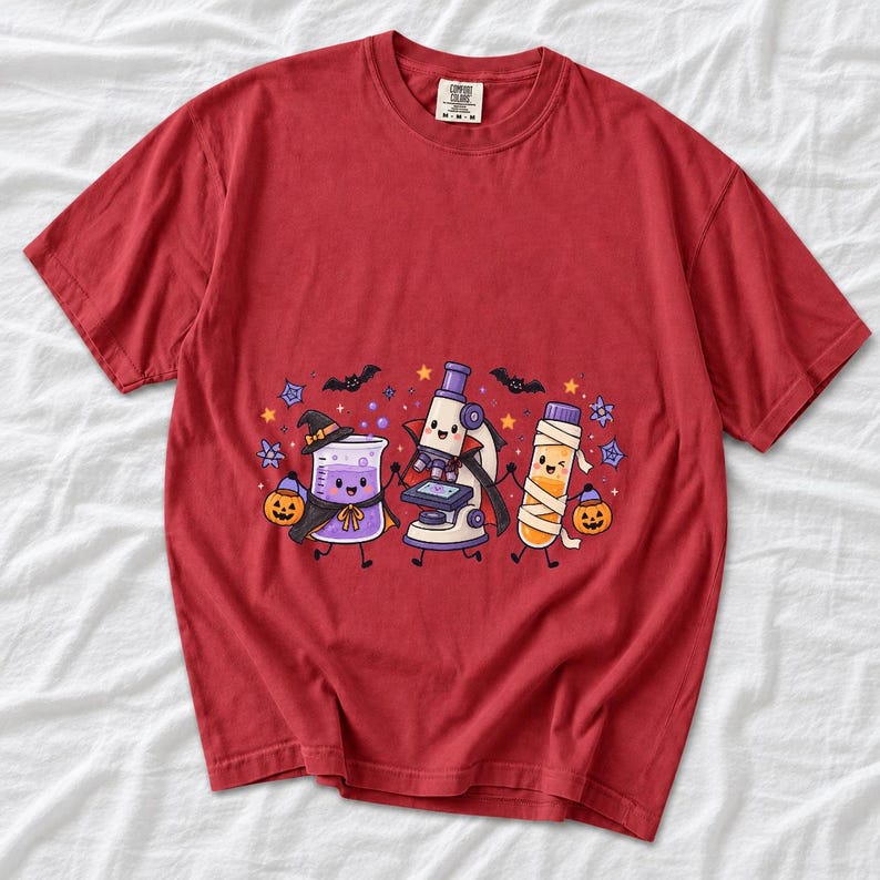 Kawaii beaker, microscope and test tube with faces in Halloween costumes, pastel purple and orange