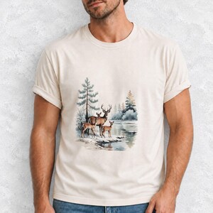 Comfort Colors Winter Deer Family Shirt, Watercolor Deer Tee, Snowy Lake Deer T-shirt, Nature Lover Winter Shirt, Deer Lover Gift Tee