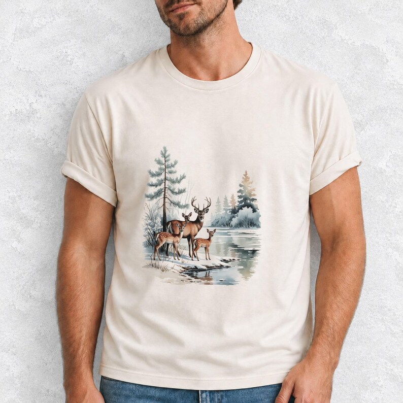 Comfort Colors Winter Deer Family Shirt, Watercolor Deer Tee, Snowy Lake Deer T-shirt, Nature Lover Winter Shirt, Deer Lover Gift Tee