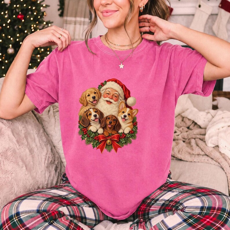 Comfort Colors Santa Puppies Christmas Shirt, Retro Santa Dog Tee, Christmas Dog Lover T-shirt, Dog Mom Santa Shirt Gift