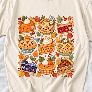Grid of cute pie slices and mini pies with faces, lattice crusts and autumn leaves in patchwork sticker style