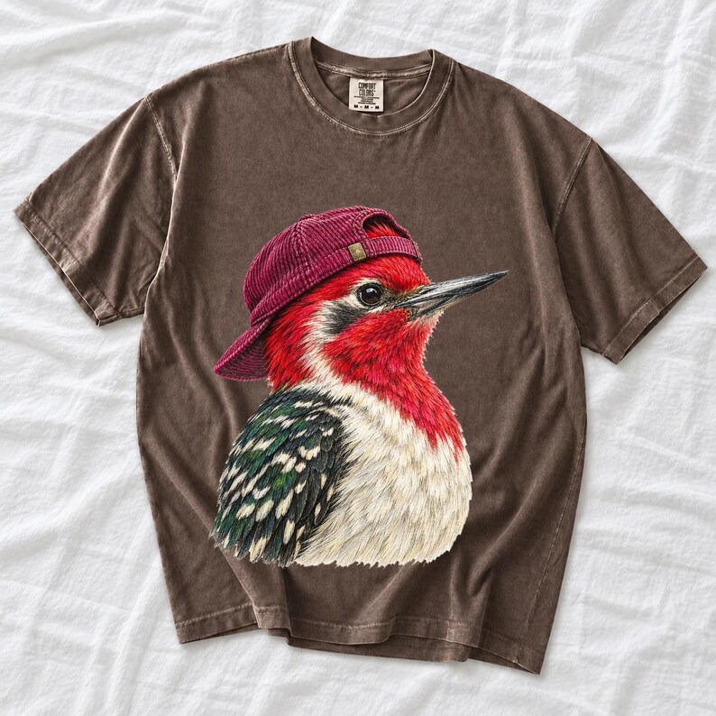 Colored-pencil red-headed woodpecker in side profile wearing a backwards corduroy cap, funny birder t-shirt graphic