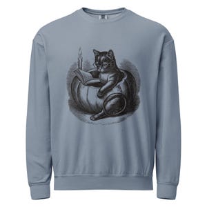 May include: A dusty blue crewneck sweatshirt featuring a black and white graphic illustration of a cat wearing round glasses, sitting inside a pumpkin while reading an open book next to a lit candle and a magnifying glass resting on the side.