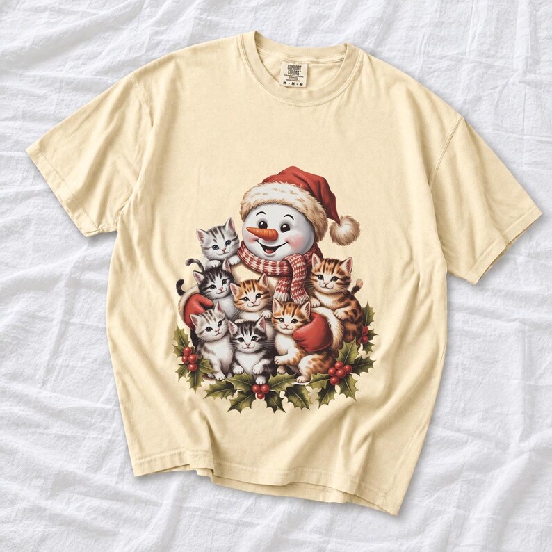 Comfort Colors Snowman Cats Christmas Shirt, Retro Snowman Kitten Tee, Christmas Cat Lover T-shirt, Cat Mom Holiday Shirt, Winter Cat Tee