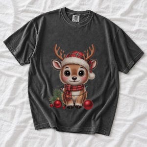 Comfort Colors Baby Reindeer Christmas Shirt, Cute Reindeer Santa Hat Tee, Christmas Reindeer T-shirt, Plaid Reindeer Holiday Shirt