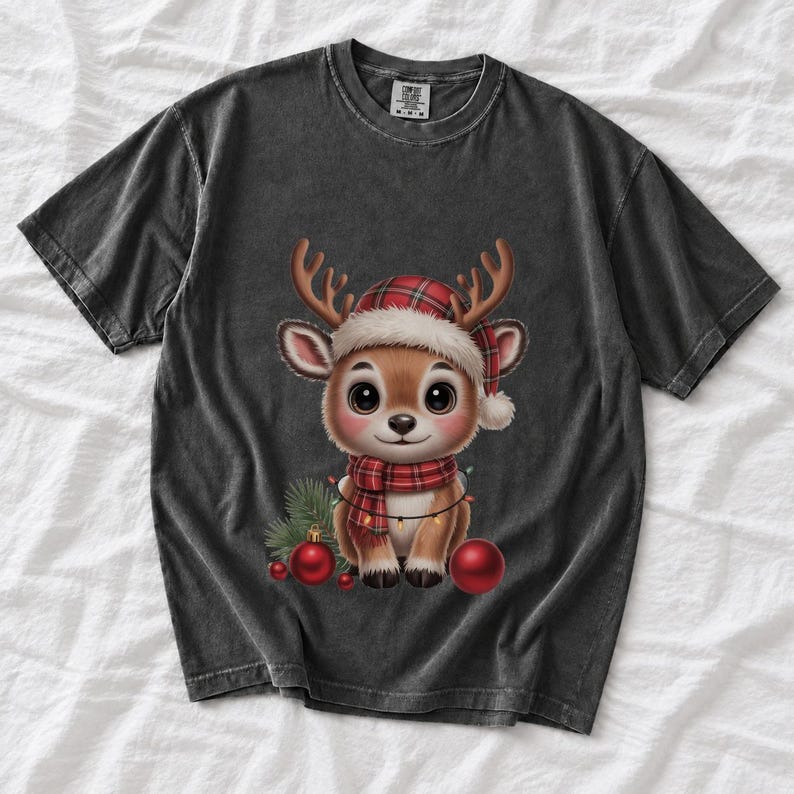 Comfort Colors Baby Reindeer Christmas Shirt, Cute Reindeer Santa Hat Tee, Christmas Reindeer T-shirt, Plaid Reindeer Holiday Shirt