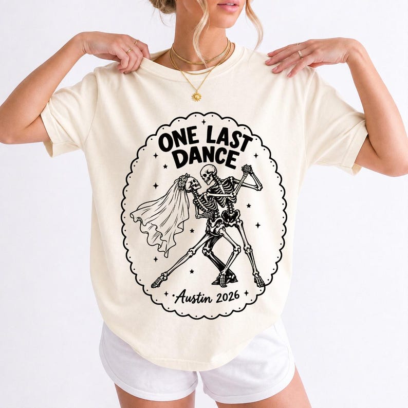 Two skeletons dancing tango, one in a veil, in a starry frame with the text One Last Dance Austin 2026