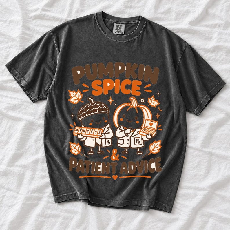 Acorn and pumpkin characters in pharmacist coats holding pill organizers, text Pumpkin Spice & Patient Advice