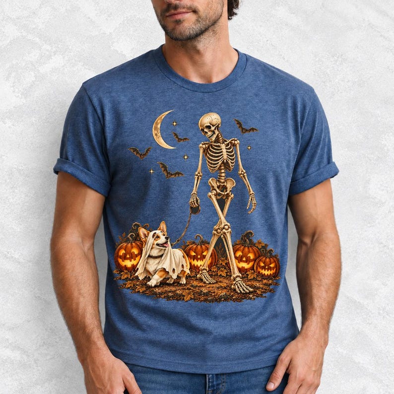 A skeleton walking a corgi in a ghost costume past carved pumpkins under a crescent moon