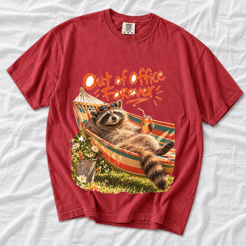 Raccoon relaxing in a hammock with a soda can and sunglasses, 90s film photo style, text "Out of Office Forever"