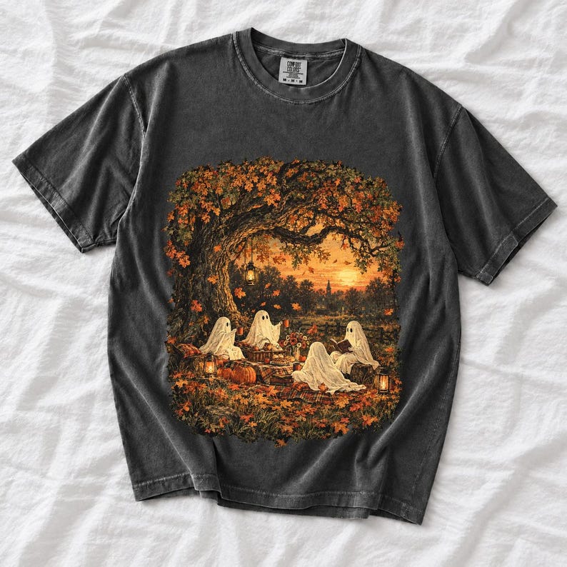 Vintage oil painting of sheet ghosts having a picnic under oak trees with falling autumn leaves at golden hour