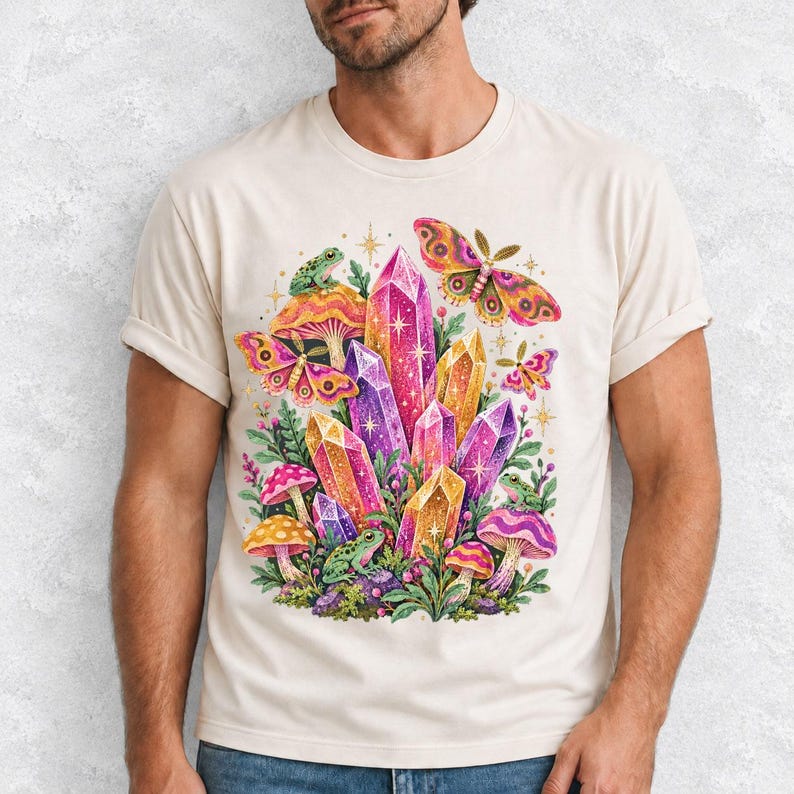 Retro 70s psychedelic glitter crystal cluster with moths and small frogs in pink, mustard, violet and mint