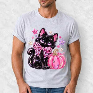 Puffy 3D black cat with a leopard bow beside a glossy pumpkin and stars in coquette style