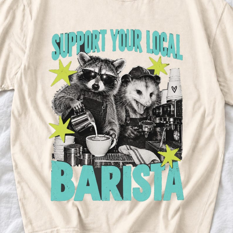 Raccoon and opossum behind an espresso machine, zine collage, text "Support Your Local Barista"
