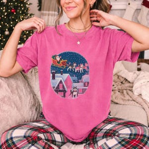 Comfort Colors Santa Sleigh Huskies Shirt, Christmas Village Husky Tee, Retro Santa Sled Dogs T-shirt, Husky Lover Holiday Shirt, Husky Tee