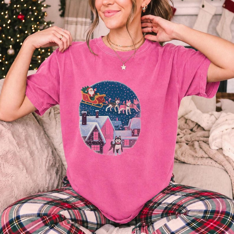 Comfort Colors Santa Sleigh Huskies Shirt, Christmas Village Husky Tee, Retro Santa Sled Dogs T-shirt, Husky Lover Holiday Shirt, Husky Tee