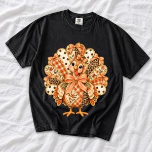 Turkey with patchwork fabric tail feathers decorated with bows on a cream and polka-dot stripe background