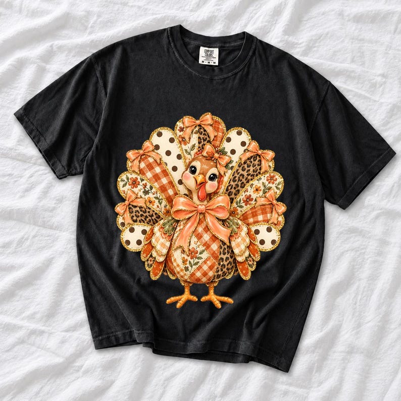 Turkey with patchwork fabric tail feathers decorated with bows on a cream and polka-dot stripe background
