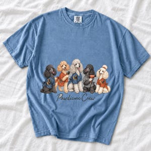 Illustrated poodles in salon smocks with brushes and a hair dryer, text Pawdicure Crew