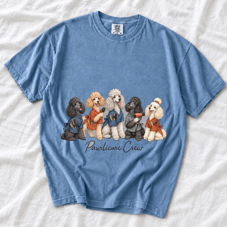 Illustrated poodles in salon smocks with brushes and a hair dryer, text Pawdicure Crew