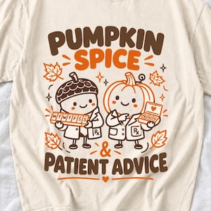 Acorn and pumpkin characters in pharmacist coats holding pill organizers, text Pumpkin Spice & Patient Advice