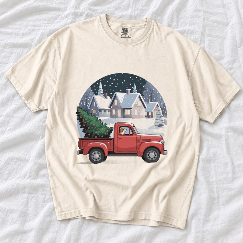 Comfort Colors Red Truck Christmas Tree Shirt, Retro Christmas Truck Tee, Snowy Village Red Truck T-shirt, Farmhouse Christmas Shirt