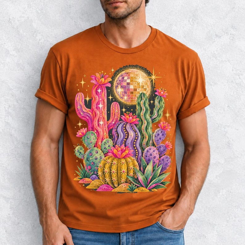 Retro 70s psychedelic glitter cacti with a disco ball moon in pink, mustard, violet and mint