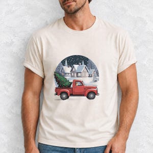 Comfort Colors Red Truck Christmas Tree Shirt, Retro Christmas Truck Tee, Snowy Village Red Truck T-shirt, Farmhouse Christmas Shirt