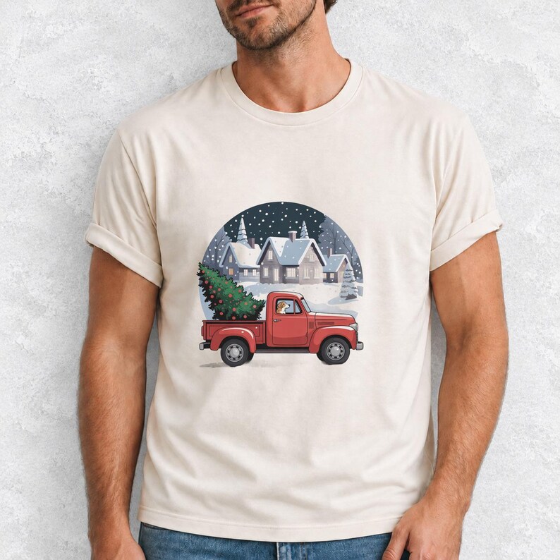 Comfort Colors Red Truck Christmas Tree Shirt, Retro Christmas Truck Tee, Snowy Village Red Truck T-shirt, Farmhouse Christmas Shirt