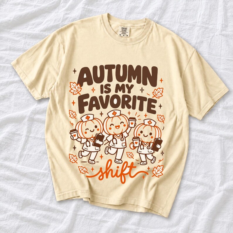 Cute pumpkin characters in nurse caps with clipboards and coffee, text Autumn Is My Favorite Shift