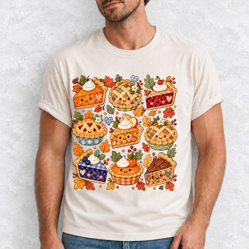 Grid of cute pie slices and mini pies with faces, lattice crusts and autumn leaves in patchwork sticker style