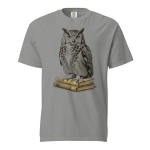 Great Horned Owl Shirt, Owl on Books Tee, Comfort Colors Owl Lover T-shirt, Dark Academia Owl Shirt, Librarian Owl Tee Gift image 1