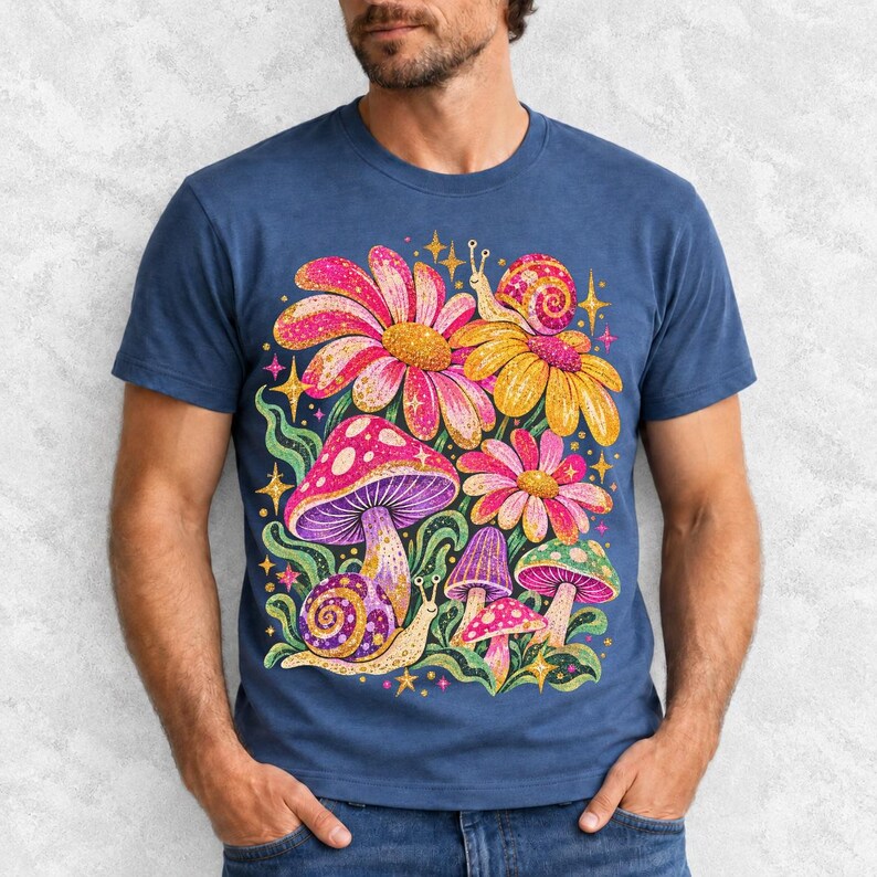 Retro 70s psychedelic glitter daisies and snails with groovy stars in pink, mustard, violet and mint