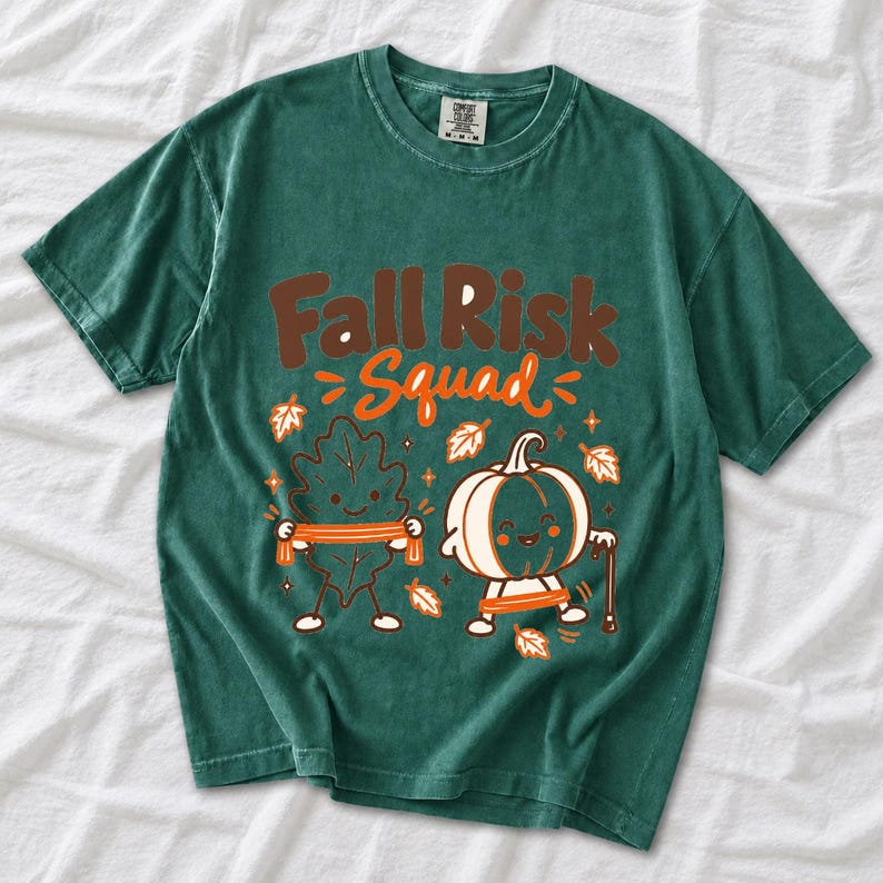 Kawaii leaf and pumpkin characters doing physical therapy with resistance bands and a cane, text Fall Risk Squad