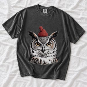 Comfort Colors Owl Santa Hat Shirt, Sketch Owl Christmas Tee, Great Horned Owl Winter T-shirt, Owl Lover Holiday Shirt, Bird Lover Owl Tee