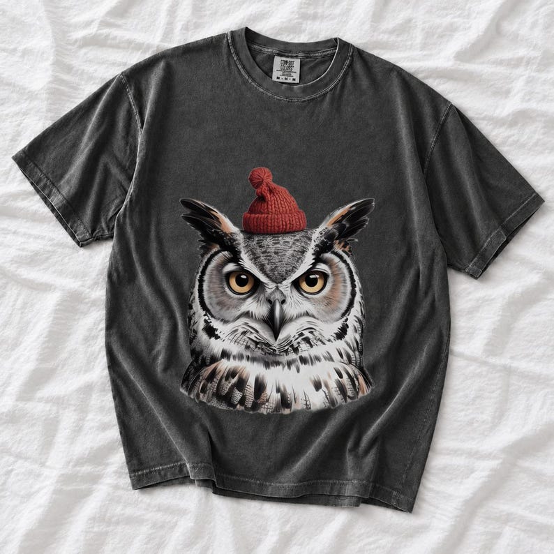 Comfort Colors Owl Santa Hat Shirt, Sketch Owl Christmas Tee, Great Horned Owl Winter T-shirt, Owl Lover Holiday Shirt, Bird Lover Owl Tee