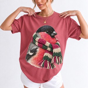Colored-pencil bullfinch bird wrapped in a chunky striped knit scarf, cozy winter birdwatcher t-shirt art