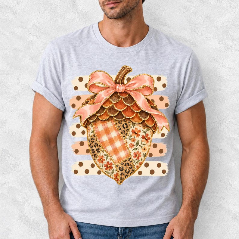 Giant patchwork acorn with a pink satin bow made of plaid, leopard and floral fabric on polka-dot stripes