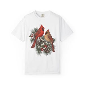 Comfort Colors Cardinal Christmas Shirt, Red Cardinals Winter Tee, Cardinal Pine Branch T-shirt, Cardinal Bird Lover Shirt, Cardinal Tee — Printify product mockup