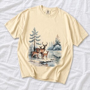 Comfort Colors Winter Deer Family Shirt, Watercolor Deer Tee, Snowy Lake Deer T-shirt, Nature Lover Winter Shirt, Deer Lover Gift Tee