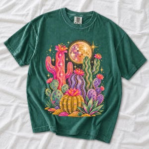 Retro 70s psychedelic glitter cacti with a disco ball moon in pink, mustard, violet and mint