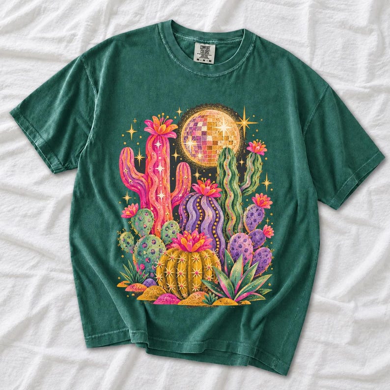 Retro 70s psychedelic glitter cacti with a disco ball moon in pink, mustard, violet and mint