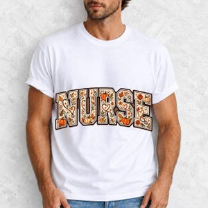 Arched varsity word NURSE filled with autumn leaves, stethoscopes and pumpkins in cream, rust and mustard