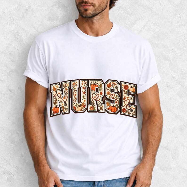Arched varsity word NURSE filled with autumn leaves, stethoscopes and pumpkins in cream, rust and mustard