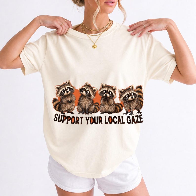 Four raccoons in a row with the text "Support Your Local Gaze"