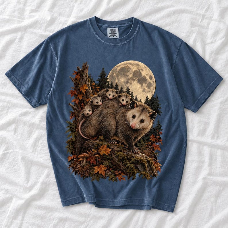 Mother opossum with babies on her back under a full moon and autumn leaves, dark realistic woodland illustration