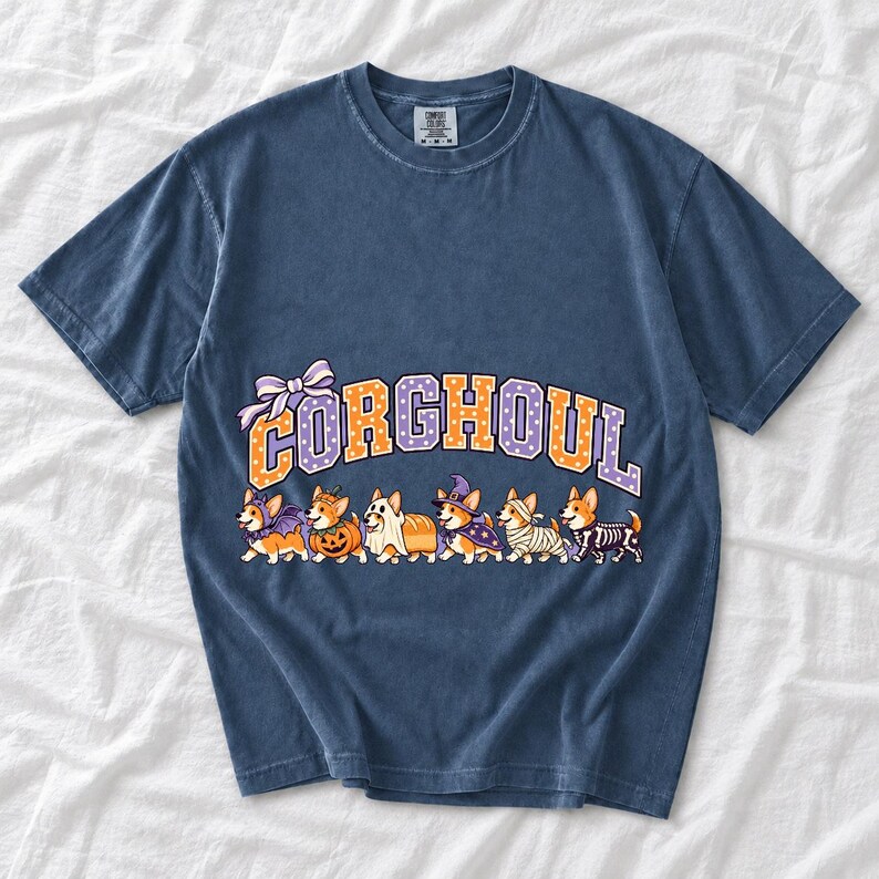 Six corgis in Halloween costumes walking under the arched word CORGHOUL, lavender and orange polka-dot varsity style
